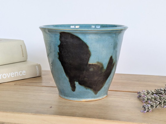 Vintage Studio Pottery plantenpot met gespikkelde turquoise en antracietkleurige glazuur, gesigneerd door (photo 14 of 15)