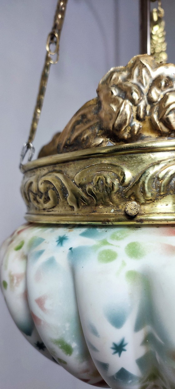 Image 1 of Art Nouveau plafondlamp van messing en glas. Spanje, jaren 1930.