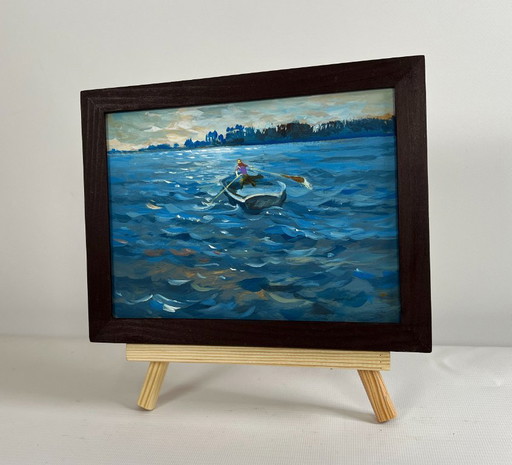 Origineel olieverfschilderij: Avondlandschap aan de rivier. 's Avonds in een boot.