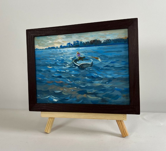 Image 1 of Origineel olieverfschilderij: Avondlandschap aan de rivier. 's Avonds in een boot.