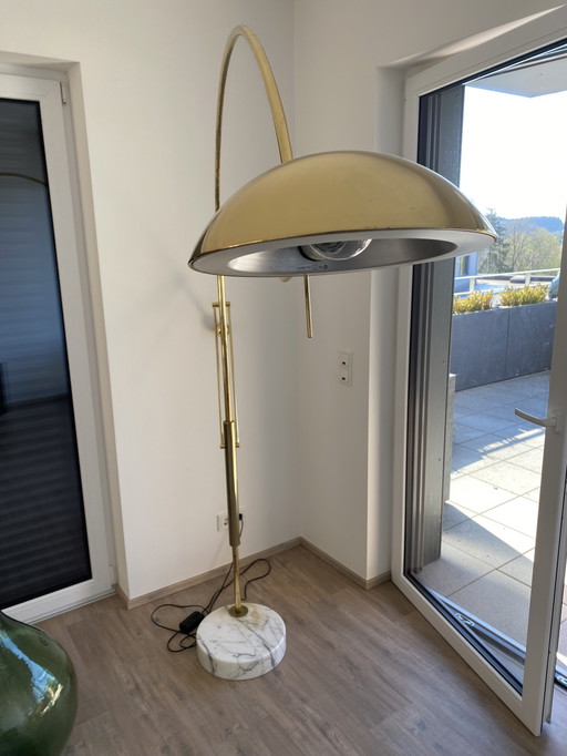 Large brass and white marble pendulum arch floor lamp