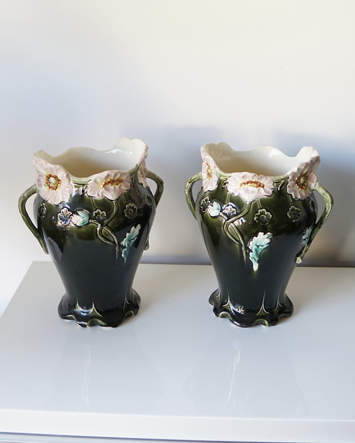 Pair of Barbotine Vases Gustave De Bruyn - Art Nouveau - Manufacture de Fives-Lille - XIXè