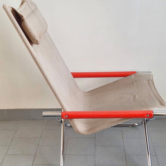 Image 1 of Poltrona pieghevole vintage giapponese, anni '70, in acciaio cromato e arancione e tela di iuta.