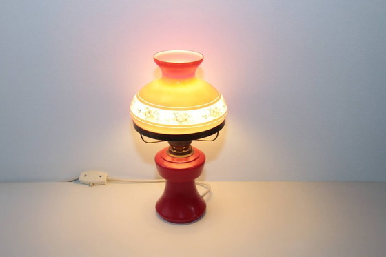 Image 1 of Petroleum lamp, red glass shade, opal glass, GDR 1970s nostalgia