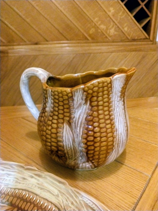 Vintage majolica serveerset in maïskolfmotief – Italica Ars Firenze voor Peasant Village – jaren 1960/1970 –