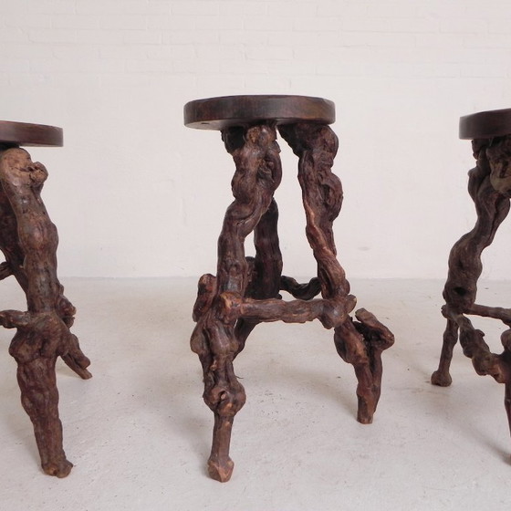 Image 1 of Ensemble de 3 tabourets de bar vintage en fibres végétales, années 1960