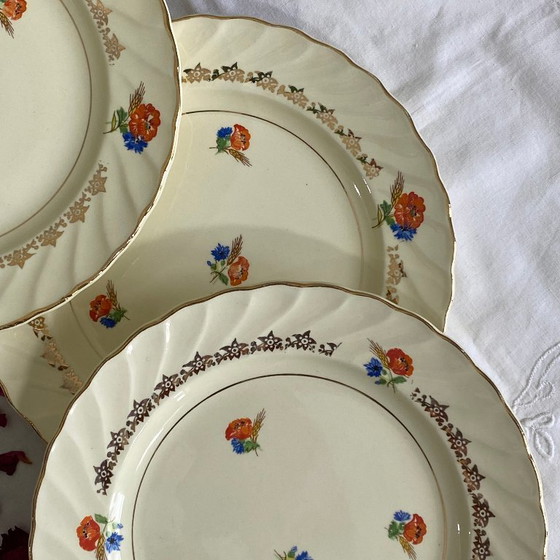 Image 1 of 6 antique Salins earthenware dessert plates, pale yellow with flowers