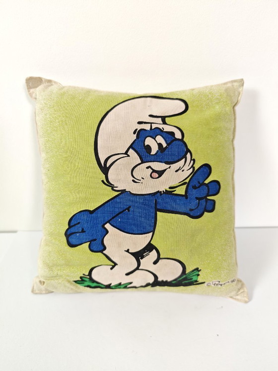 Image 1 of Cuscino vintage dei puffi / Cuscino dei cartoni animati jugoslavi degli anni '80 / Cuscino retro Peyo Smurf da collezione