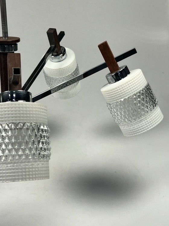 Image 1 of Vintage Kroonluchter, Chroom Met Glas En Hout, België 1970's