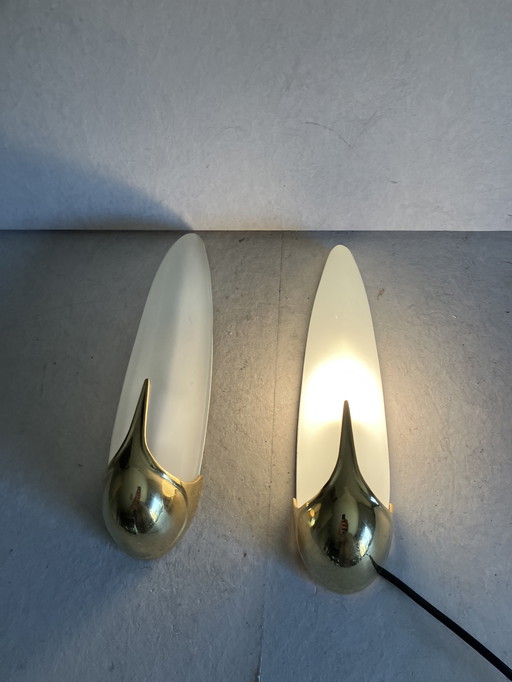 Vintage pair of Marga wall lamps, brass and frosted glass