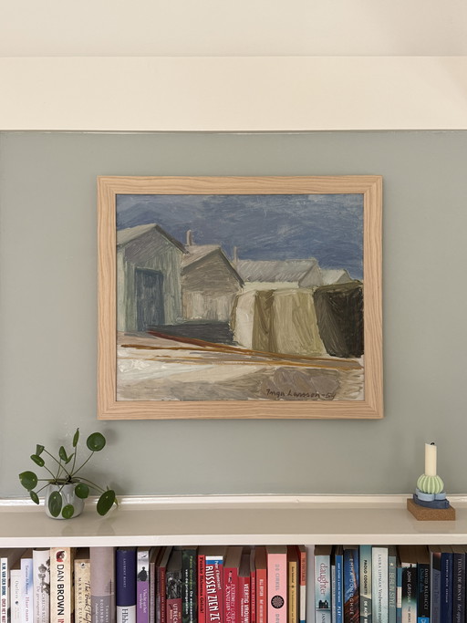 Vintage (1954) oil painting 'Beach houses' by Swedish painter Inga Larsson