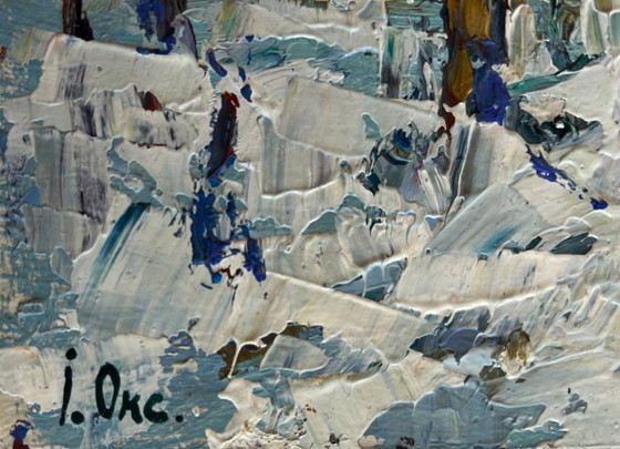 Image 1 of Original Oil Painting Winter Landscape Children are making a snowman