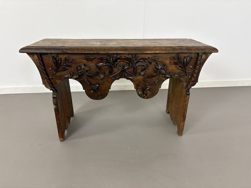 19e Eeuws Antiek Bestee- en Beddenbankje –  Eiken Gedecoreerd met Motief 