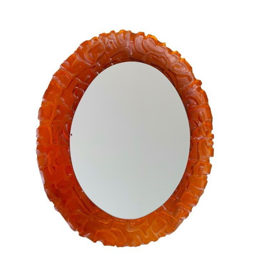 Image 1 of Large Mid-Century German Modern Oval Orange Acrylic Backlit Wall Mirror Light attributed to Hillebrand, 1970s