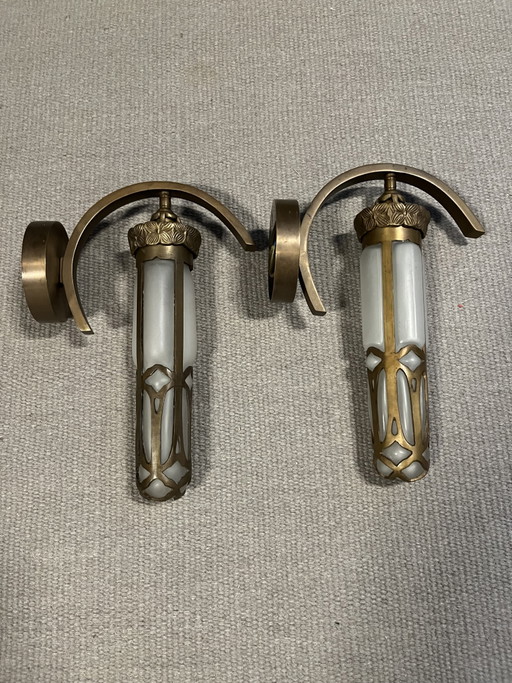 2 wall lamps of bronze and glass. Made by artist Vladimir.