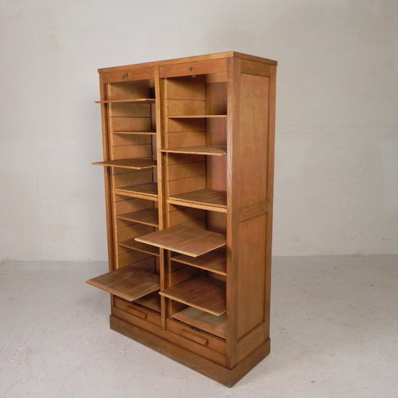 Oak tambour cabinet with 2 doors, 150 cm high, 1950s, Filing cabinets, Wood, Brown, Vintage (photo 4 of 15)