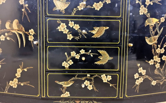 Image 1 of Vintage Chinese Sideboard / Lacquer Cabinet (Black / Birds) Bohemian / Oriental Chest of Drawers