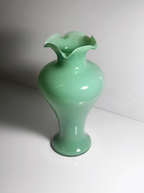 Image 1 of Vintage Murano Vase Jade Grün Milch Opal Glas 50er Mid Century  Mint Türkis Barovier Toso Tonelli Lattimo Filigrana