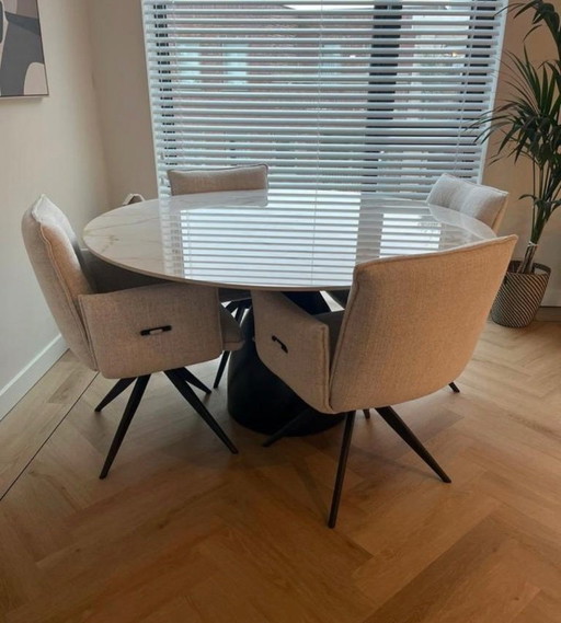 Dining table set (round) ceramic table + 4 swivel chairs with armrests