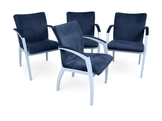 4x Leolux Caramilla Chaises de salle à manger Vintage, Bois, Textile, Bleu (photo 4 sur 5)