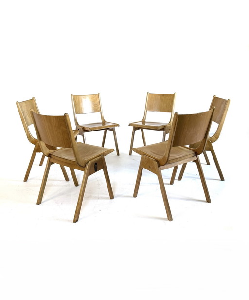 6x chaise de salle à manger empilable en contreplaqué vintage '60s