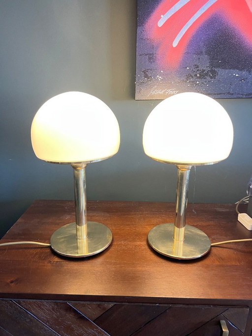 Set of 2 Bauhaus table lamps in Wagenfeld design WA 24 produced by Eckert Glas, Germany 1930s / 40s. Brass with opal glass