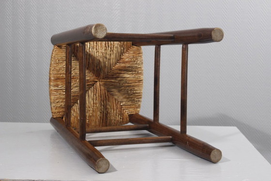 Image 1 of Vintage rieten kruk, in de stijl van Charlotte Perriand, jaren 70.
