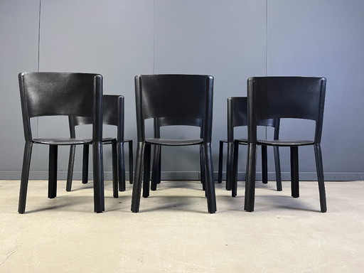 Vintage zwart lederen Italiaanse eetkamerstoelen, jaren 1980