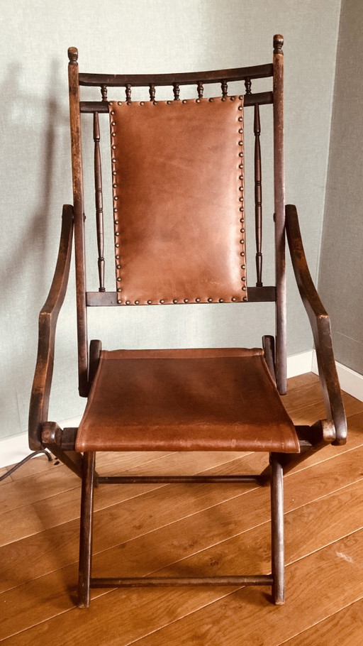 * Antieke Engelse militaire campagnestoel / safaristoel – Hout & tuigleer – ca. 1900 – klapstoelen, Wood, Leather