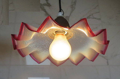 Lampada a sospensione in vetro Art Déco rosso bianco a zig zag rotondo