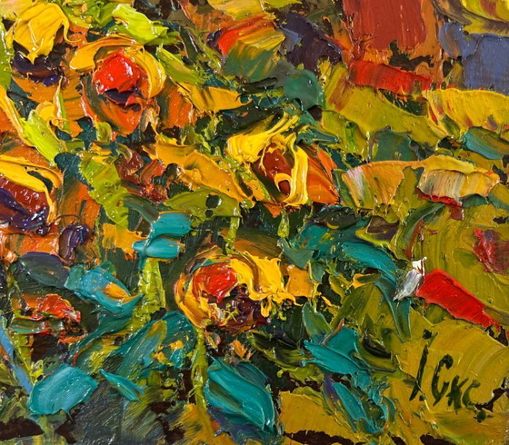 Image 1 of Original Oil Painting Village Flowers Landscape Yellow song of summer