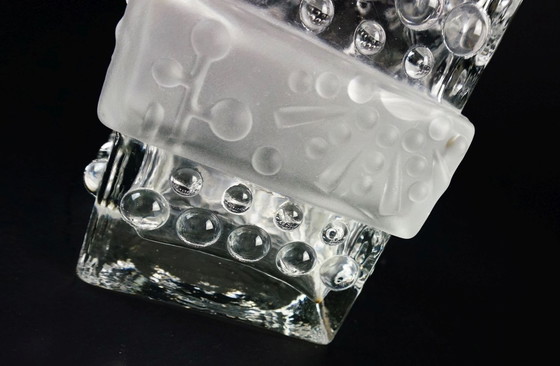 Image 1 of mid century modern GLASS VASE, block vase, textured surface, relief decoration, clear glass, satin glass