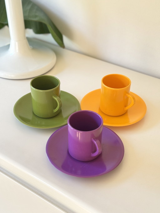 Set Vintage Rocamine Cups and Saucers Melamine Retro Design Belgium 60s/70s