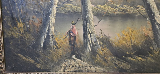 Image 1 of Atmospheric Painting "Autumn Landscape" – Vintage 1970s with Gold Frame