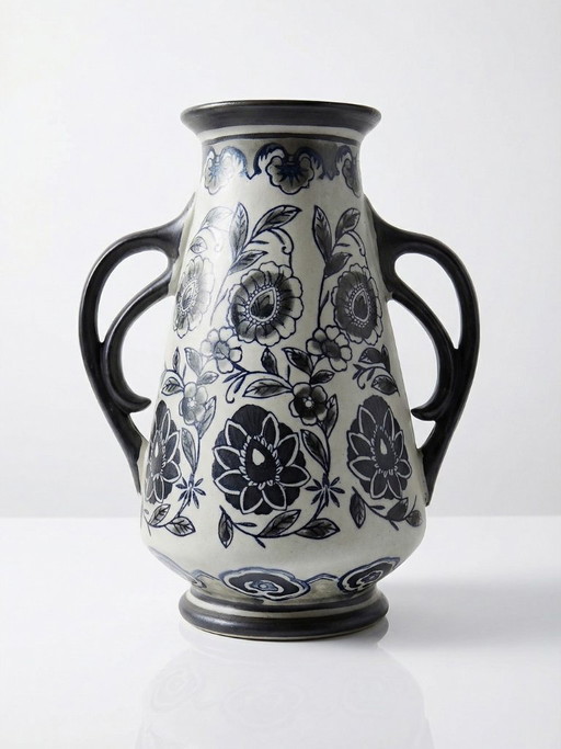 Antico vaso Art Déco 1920-40 in gres pregiato stile Art Nouveau decoro chinoiserie