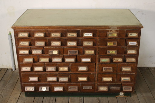 Mobiletto antico da farmacia industriale • Legno e metallo vintage