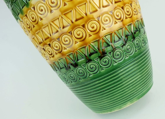 Image 1 of west german 1960s mid century VASE floorvase ü-keramik green ochre relief pattern model 1142-50