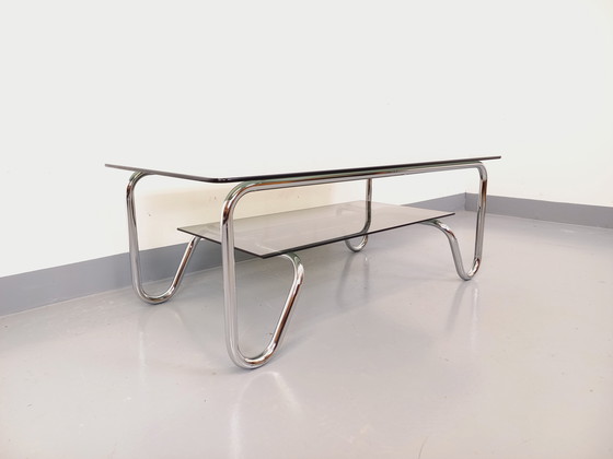 Image 1 of Table Basse Rectangulaire Italienne Vintage 2 Plateaux en Verre Fumé et Métal Chromé des Années 70
