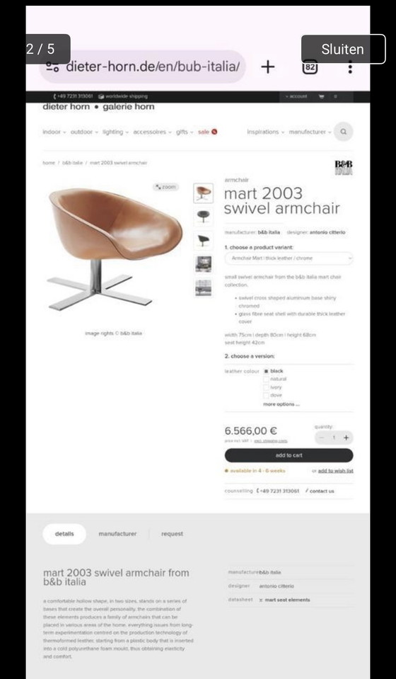 Image 1 of B&B ITALIA Drehsessel MART in einzigartigem cognacfarbenem Sattelleder mit Patina.