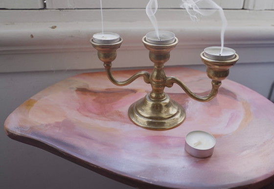 Image 1 of Solid Brass Vintage Candelabra, Bronze-Tone Three-Arm Candle Holder