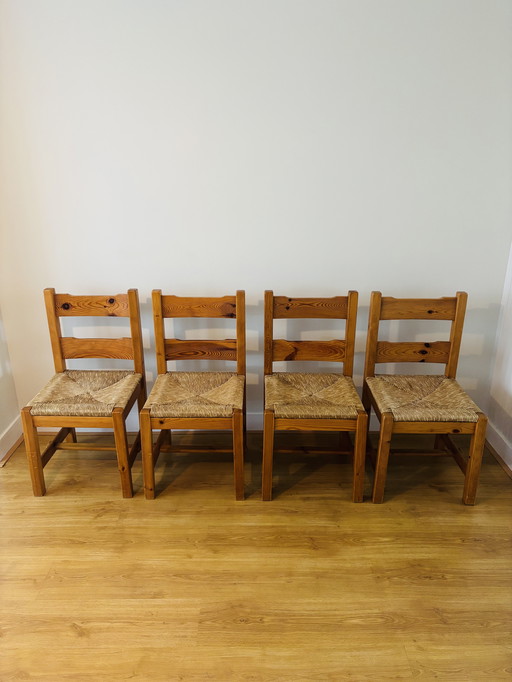 Chaises de salle à manger en pin et jonc Mid Century