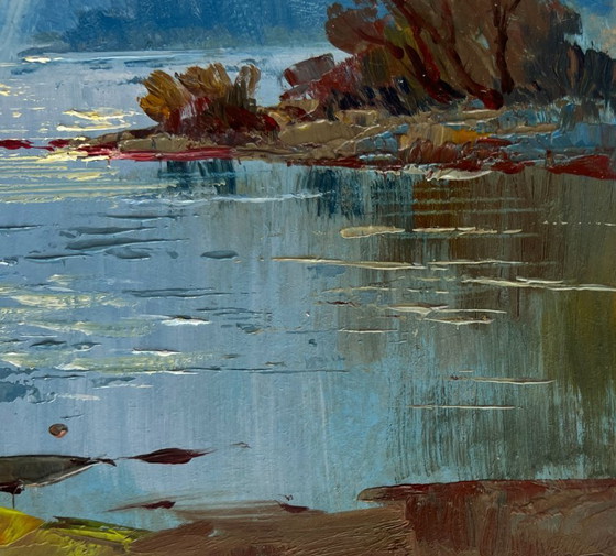 Image 1 of Original Oil Painting Summer River Landscape Rays of sun through the clouds