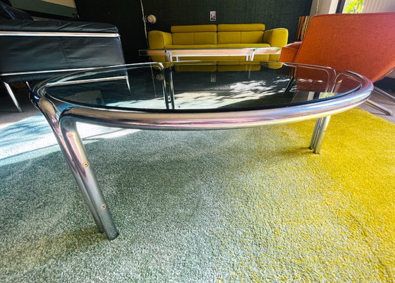Tavolino da caffè rotondo vintage - Vetro fumé - Anni '70 - Space Age, ÅTMØS, Tavolini da caffè, Cromo, Grigio (foto 5 di 5)
