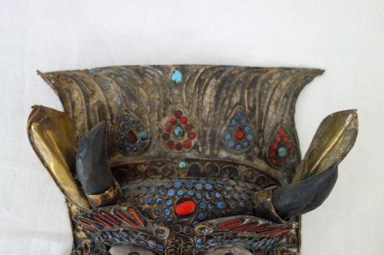 Image 1 of Maschera rituale vintage in ottone sbalzato Nepal/Tibet