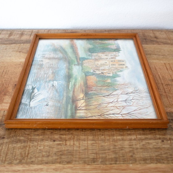Image 1 of Aquarelprint van kasteel Beaufort Luxemburg, door Bernadette Voz, ingelijst