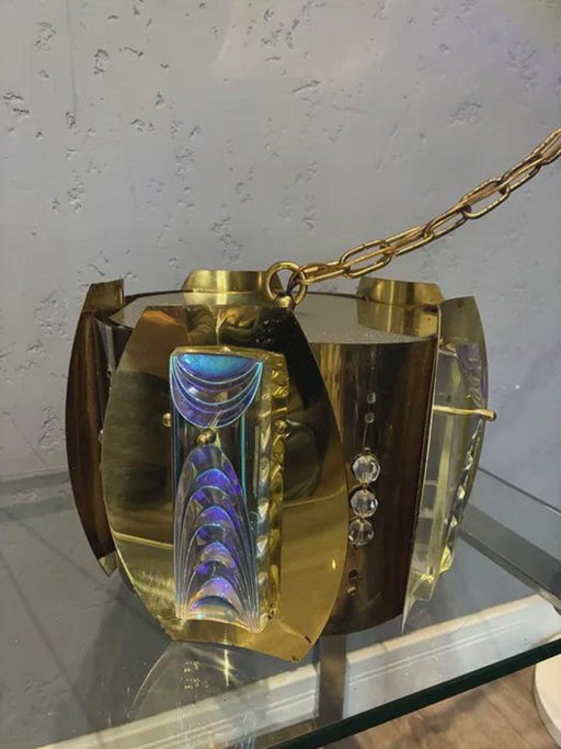 Lámpara Colgante Vintage de Latón Cristal de Murano Iridiscente Años 60-70 Opalino Arcoíris