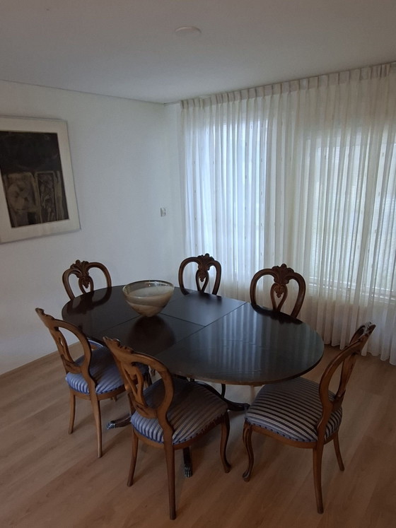 Biedermeier Oval Dining Set for 4/6 people with 6 Chairs, Velvet, Wood, Brown (photo 2 of 8)