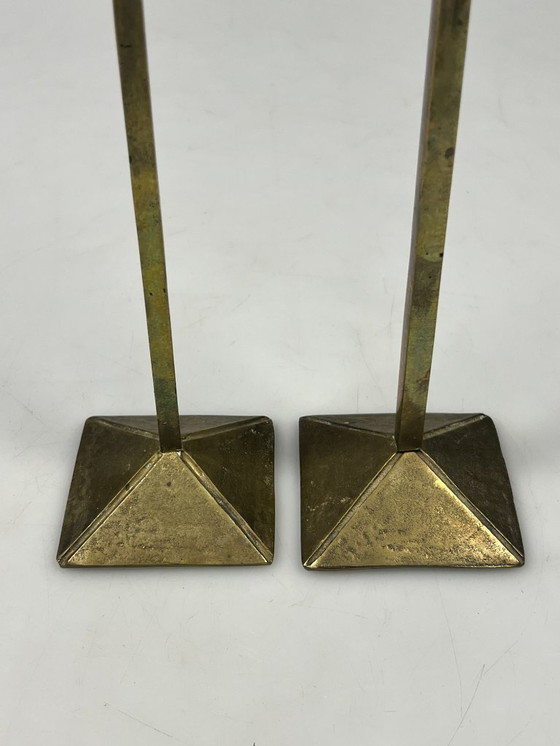 Image 1 of Vintage Zig Zag Candlesticks, Set of Two, Brass, Memphis Style, 1980s
