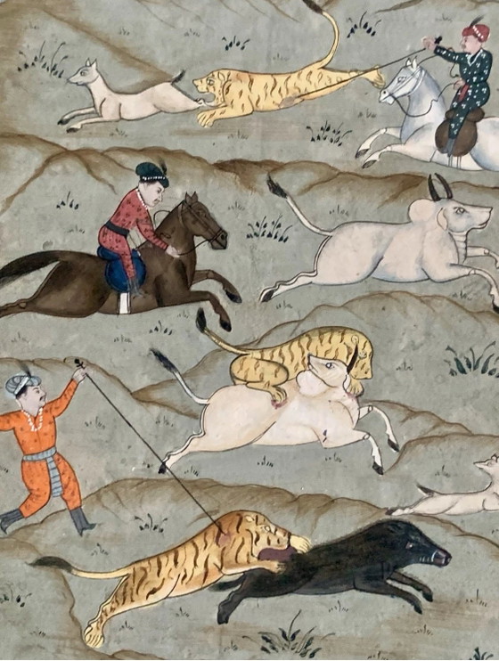 Exquisite Indian Miniature – Hunting Scene – Urdu Calligraphy – – Paintings & Drawings, Paper (photo 4 of 11)