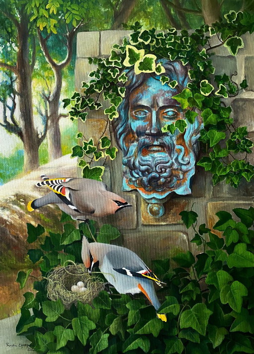 Original Oil Painting Nature Landscape Birds Ancient Garden – schilderijen tekeningen, Canvas